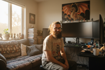 pareil une tete de geek avec lunette et cheveux long et barbe photot realiste devant son pc dans son salon