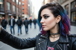 une jolie photo de profil d'une femme type emo un peu de pres en mode selfi tres realiste avec des gens dans la rue